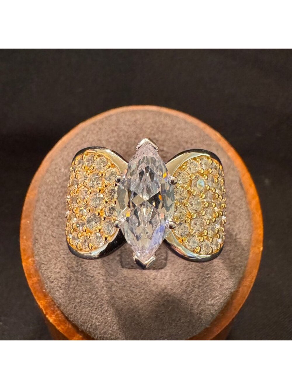 Sterling Silver 925 Two Tone Marquise Cubic Zirconia Statement Ring Size 9.75